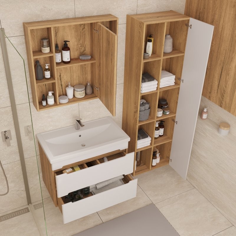 Шкаф-пенал для ванной SanStar Diva 50 матовый белый, дуб вотан, с открытыми полками