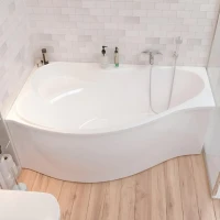 Акриловая ванна 1MarKa Gracia L Премиум 150x90 см, угловая, левая, пристенная, белая, асимметричная, с каркасом, с экраном, с сиденьем, со сливом-переливом