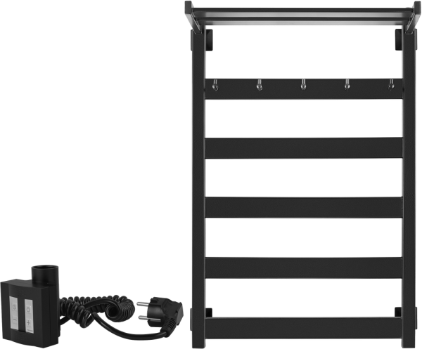 Полотенцесушитель электрический Secado Комано 1 КСП , 85x55 см, подключение слева, матовый черный, лесенка, с полкой