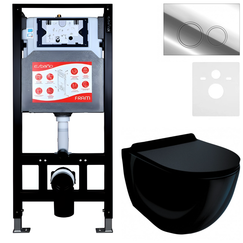 Комплект Унитаз подвесной Esbano Garcia ESUPGARCB черный глянец + Инсталляция Fram + Кнопка ESINKRG11SC