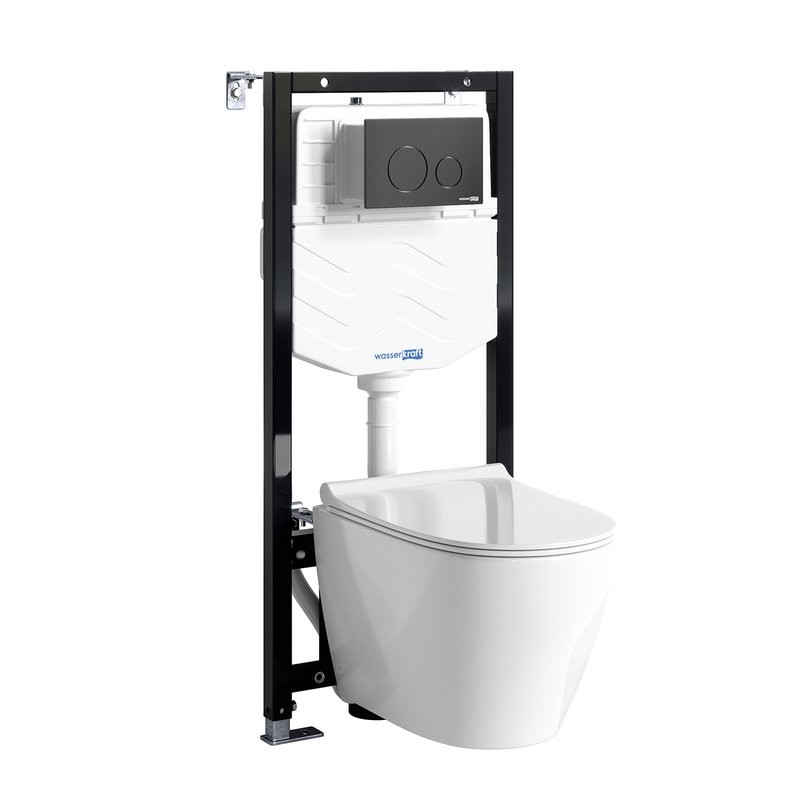 Комплект Унитаз подвесной WasserKRAFT Mindel H002 безободковый + Крышка для унитаза E034 + Система инсталляции для унитазов Aller 10TLT.010.ME + Кнопка смыва MB02