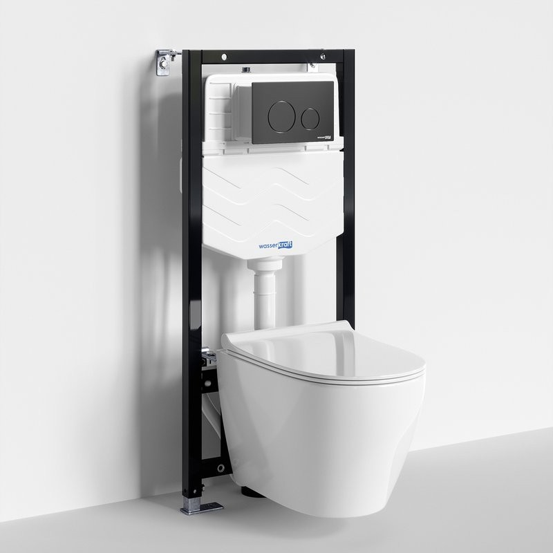 Комплект Унитаз подвесной WasserKRAFT Mindel H002 безободковый + Крышка для унитаза E034 + Система инсталляции для унитазов Aller 10TLT.010.ME + Кнопка смыва MB02