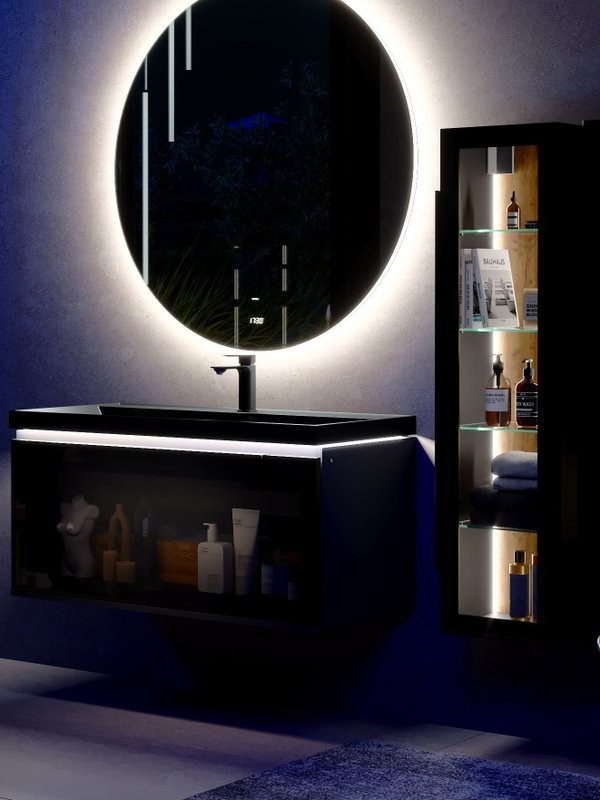 Шкаф-пенал для ванной Jorno Notte 35 подвесной, с подсветкой, антрацит