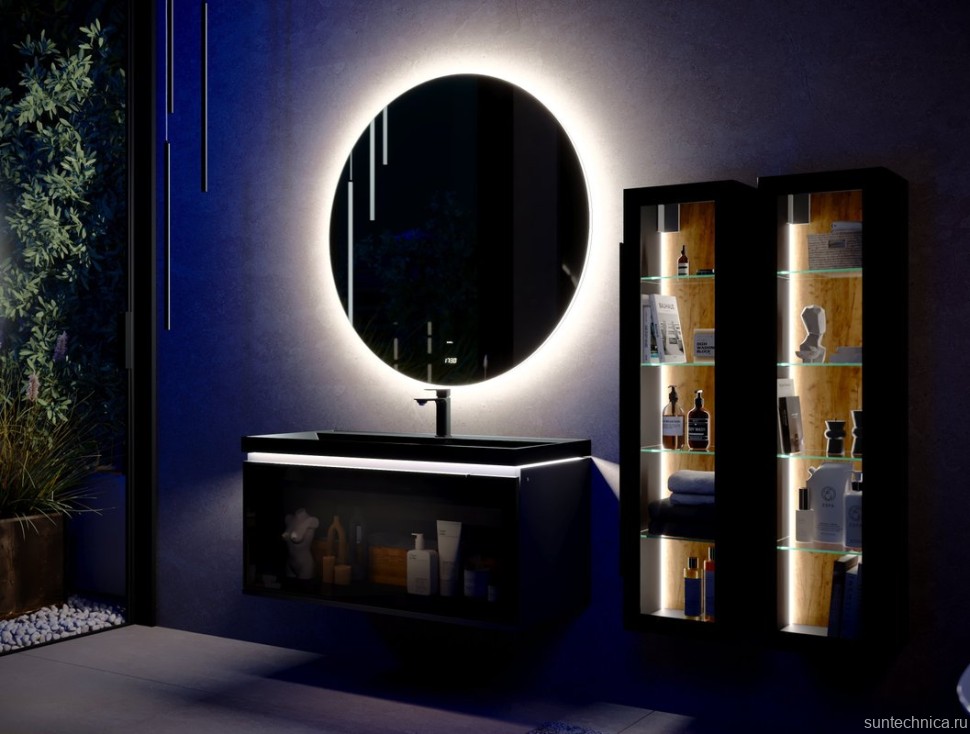 Шкаф-пенал для ванной Jorno Notte 35 подвесной, с подсветкой, антрацит