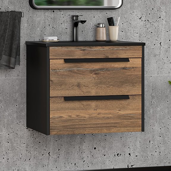 Тумба с раковиной Brevita Monsour 60 подвесная, дуб галифакс олово, черный кварц