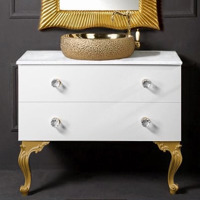 Тумба с раковиной Armadi Art NeoArt 100 белая с ручками Crystal золото, с ножками
