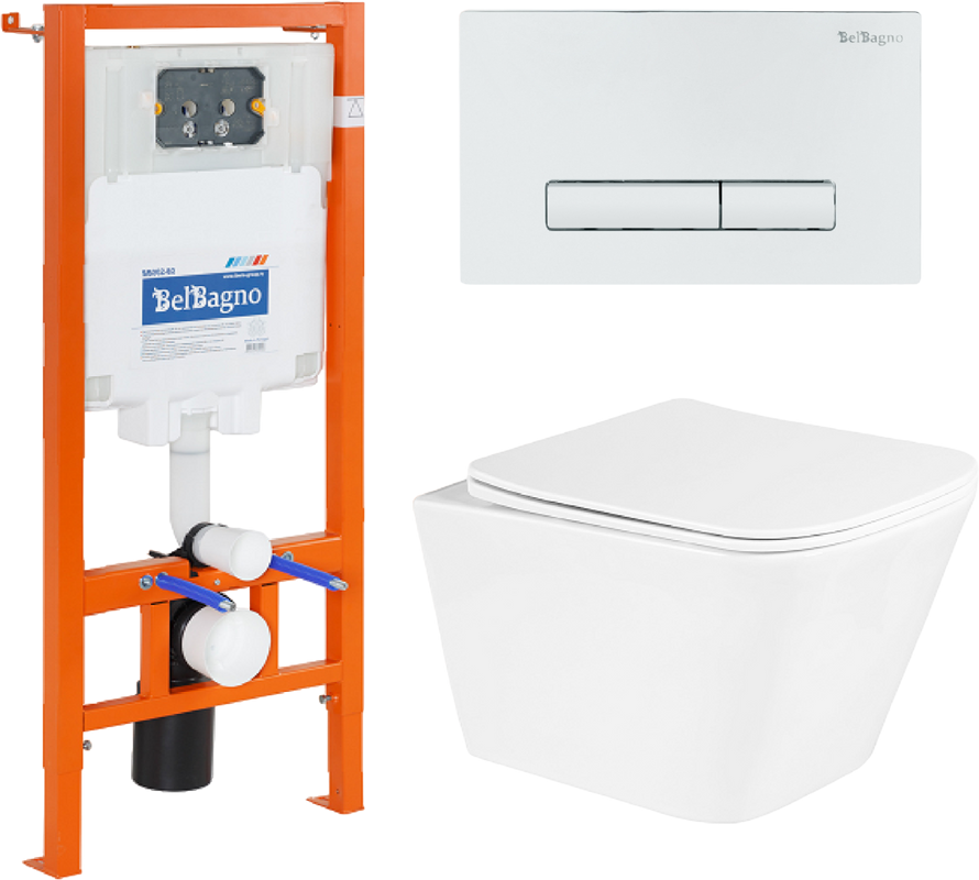Комплект Унитаз подвесной BelBagno Due BB3103CHR/SC безободковый, с микролифтом, инсталляция BB002-80 с кнопкой BB018-GV-BIANCO