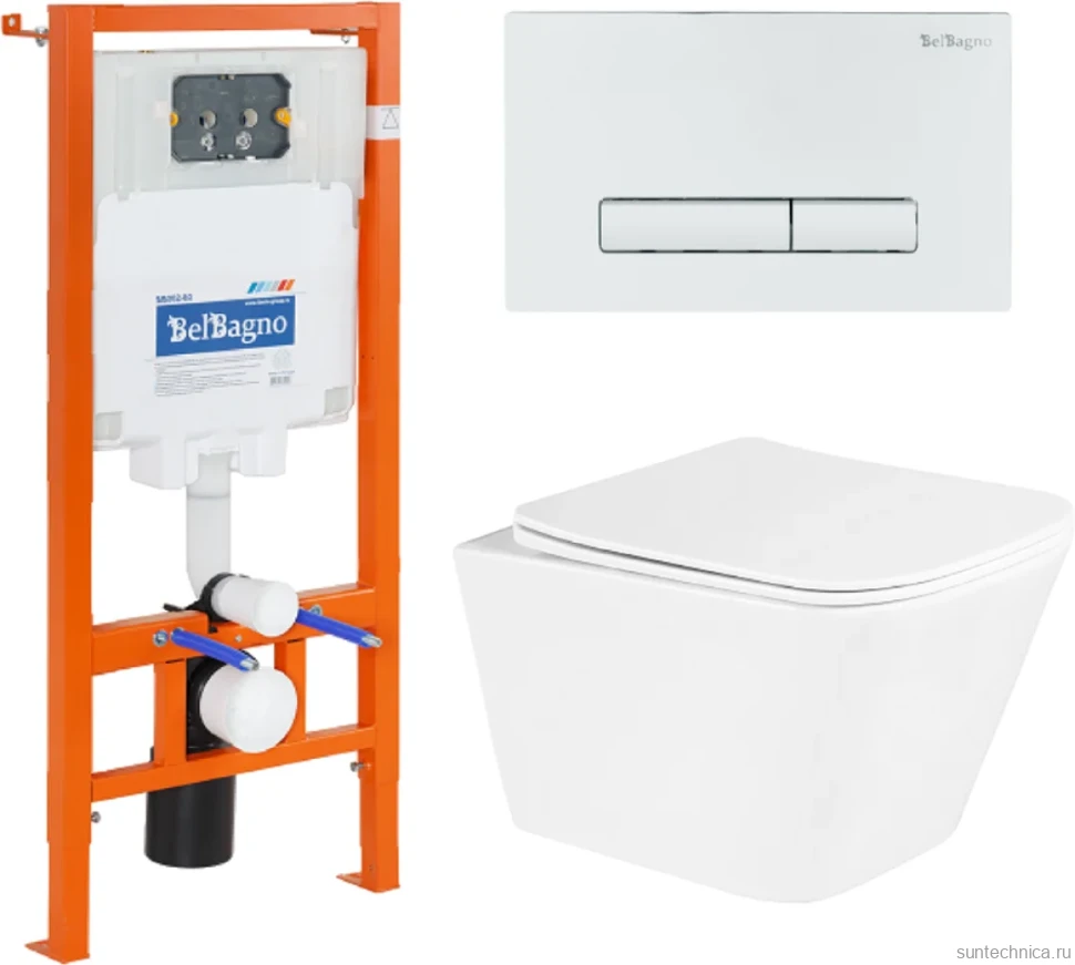 Комплект Унитаз подвесной BelBagno Due BB3103CHR/SC безободковый, с микролифтом, инсталляция BB002-80 с кнопкой BB018-GV-BIANCO