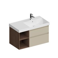 Тумба под раковину KERAMA MARAZZI Cubo 90, правая подвесная, с ящиками и полкой, лимо матовая, структурированный орех