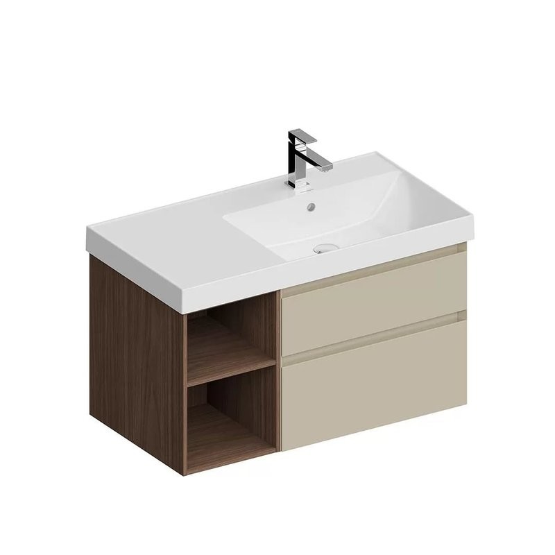 Тумба под раковину KERAMA MARAZZI Cubo 90, правая подвесная, с ящиками и полкой, лимо матовая, структурированный орех