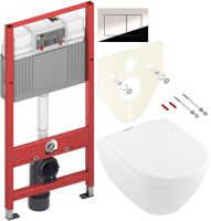 Комплект Унитаз подвесной Villeroy & Boch Subway 2.0 + Крышка 9M68 S101 с микролифтом, петли хром + Инсталляция TECE Now 9400412 4 в 1 с кнопкой смыва