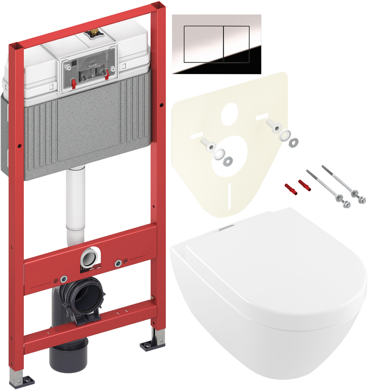 Комплект Унитаз подвесной Villeroy & Boch Subway 2.0 + Крышка 9M68 S101 с микролифтом, петли хром + Инсталляция TECE Now 9400412 4 в 1 с кнопкой смыва