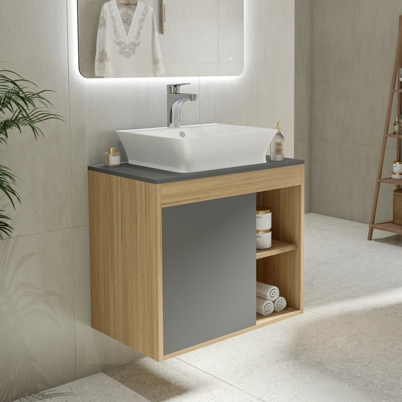 Тумба с раковиной Teymi Nura 70 дуб эврика, матовый графит, раковина Aina 49