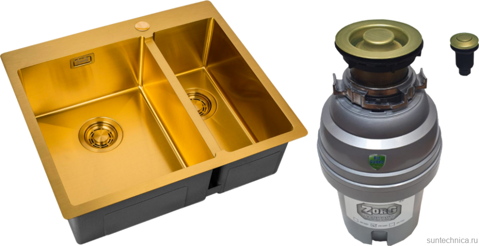 Комплект Мойка Zorg Light ZL R 590-2-510-L BRONZE L, бронза + Измельчитель ZR-75 D BRONZE