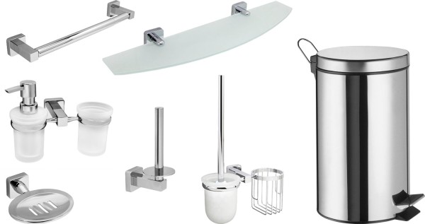 Набор Мыльница Wasserkraft Lippe K-6569 + Дозатор K-6589 со стаканом + Полотенцедержатель K-6591 для бумажных полотенец + Ершик K-6535 с держателем освежителя воздуха + Держатель K-6597 + Полка K-6524 + Ведро K-635 5 л