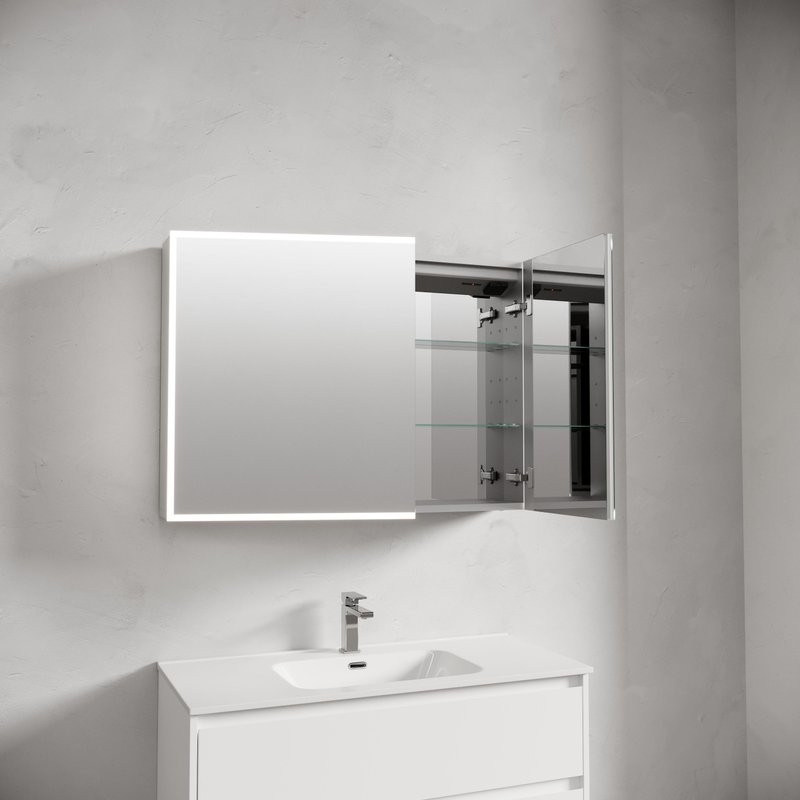 Зеркальный шкаф из алюминия для ванной комнаты Sancos Evoke1000x700х136 мм с LED подсветкой SC80100