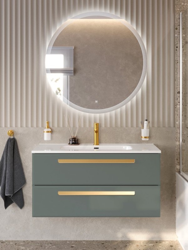 Тумба с раковиной Cezares Eco-Cer-N 100 серо-зеленая матовая, раковина CZR-8095-100, ручки сатиновое золото