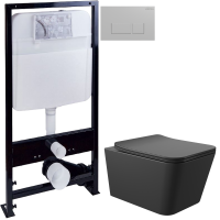 Комплект Унитаз подвесной Aqueduto Macio MAC0140 безободковый, с микролифтом, черный матовый + Инсталляция EWRIKA ProLT 0026-2020 + Кнопка 0040 хром матовый