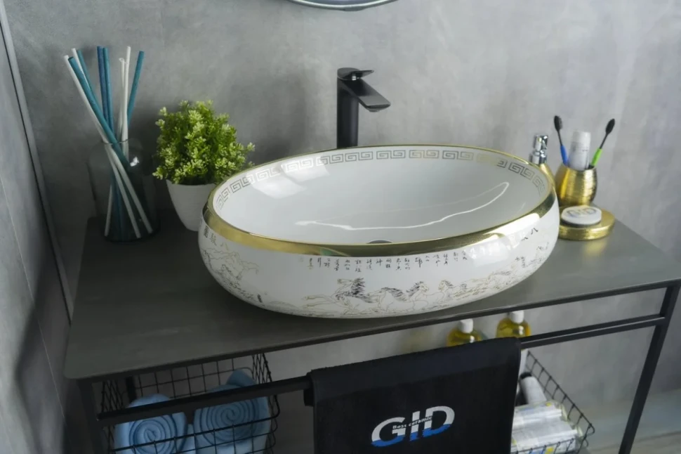 Накладная раковина GID Lago Nc472 60 глянцевая белая, золото, овальная, фаянс