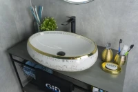 Накладная раковина GID Lago Nc472 60 глянцевая белая, золото, овальная, фаянс