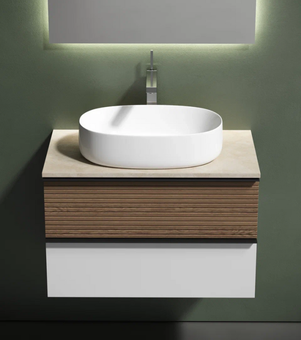 Тумба с раковиной Sancos Delta 80 см, дуб светлый, белый, столешница бежевая, раковина CN5023