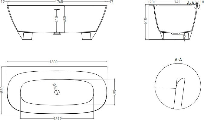 Ванна из искусственного камня Salini Sofia Wall S-Sense 180x85 см, пристенная, белая, со сливом-переливом, с донным клапаном