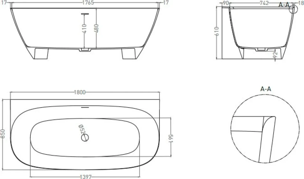 Ванна из искусственного камня Salini Sofia Wall S-Sense 180x85 см, пристенная, белая, со сливом-переливом, с донным клапаном