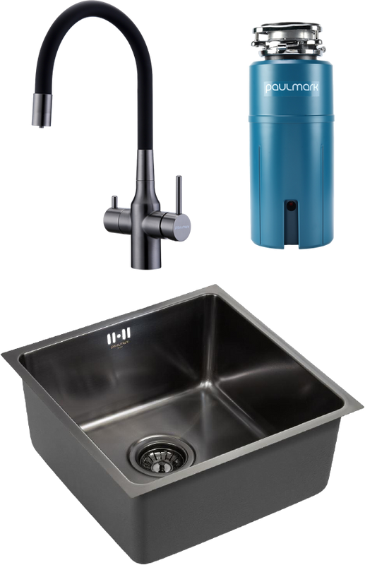 Комплект Мойка Paulmark Vista PM304444-GM вороненая сталь + Смеситель Salix 213419-GM вороненая сталь, черный, с гибким изливом + Измельчитель Intenso