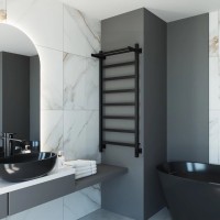 Полотенцесушитель электрический Grota Lore 530х1200 RAL9005 EL 120x55 см, подключение справа, слева, скрытое подключение справа, матовый черный, лесенка, из стали, с полкой