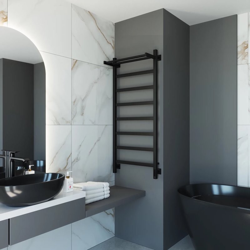 Полотенцесушитель электрический Grota Lore 530х1200 RAL9005 EL 120x55 см, подключение справа, слева, скрытое подключение справа, матовый черный, лесенка, из стали, с полкой