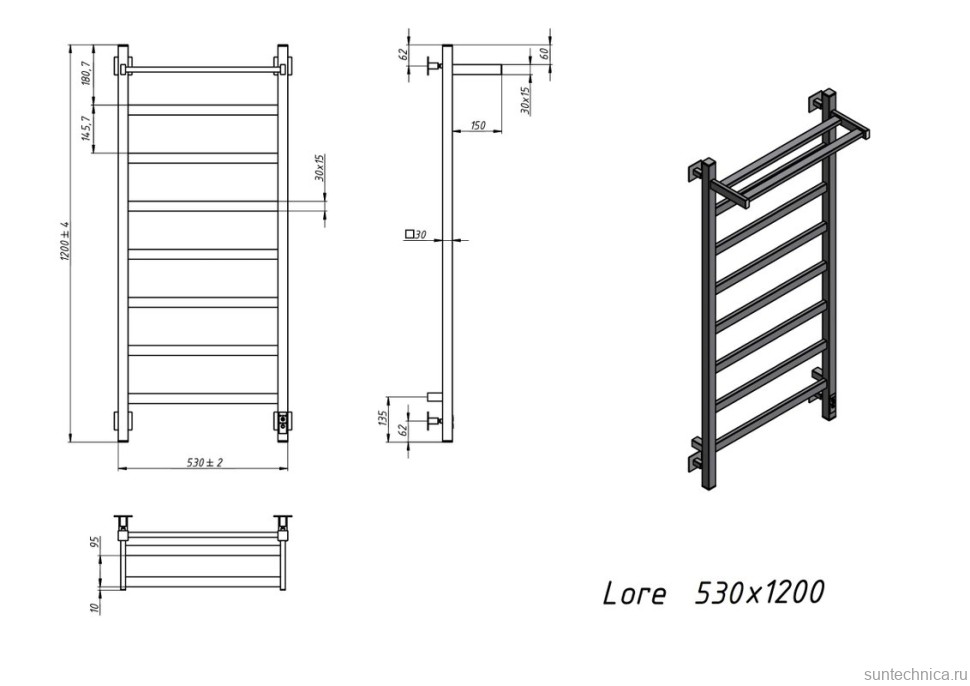 Полотенцесушитель электрический Grota Lore 530х1200 RAL9005 EL 120x55 см, подключение справа, слева, скрытое подключение справа, матовый черный, лесенка, из стали, с полкой
