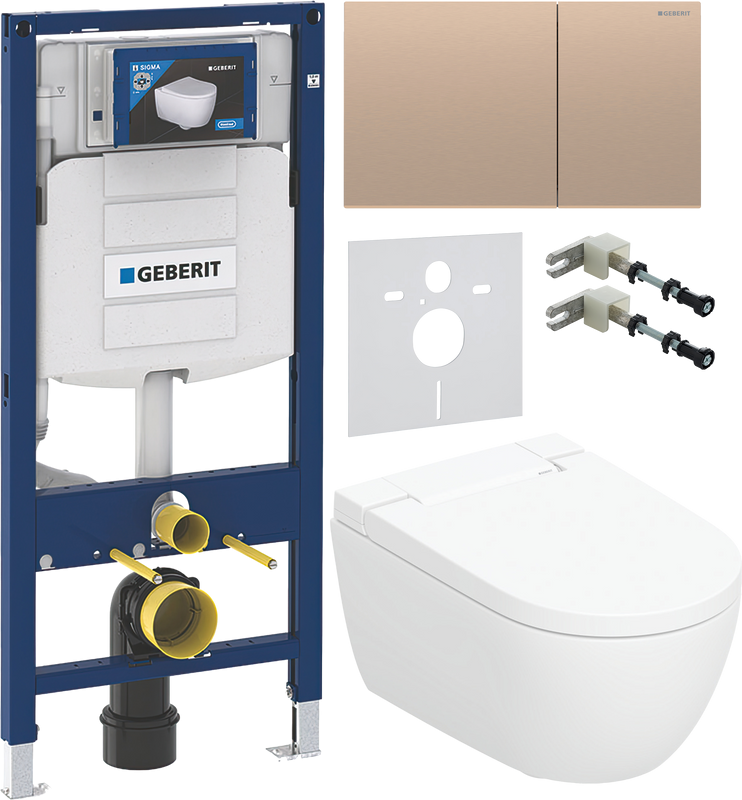 Комплект Умный унитаз Geberit AquaClean Alba безободковый, с биде + Инсталляция Duofix UP 320 111.300.00.5 + Кнопка Sigma 70 115.622.QB.1 красное золото + Звукоизоляция + Крепления 111.815.00.1 к стене