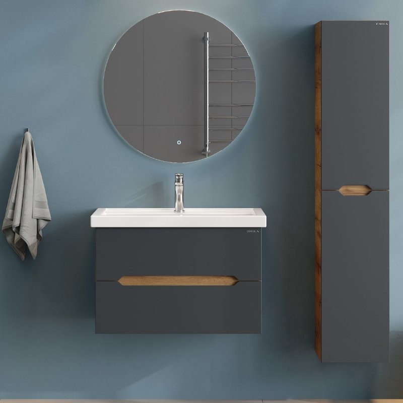 Тумба под раковину без столешницы Onika Айленд 80 подвесная, графит, дуб крафт золотой