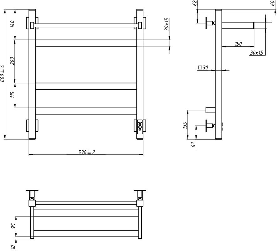 Полотенцесушитель электрический Grota Tela 530х600 NM EL 60x55 см, подключение справа, слева, скрытое подключение справа, матовый хром, лесенка, с полкой