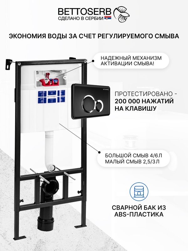 Комплект Инсталляция BETTOSERB Sava Fix Slim 40006456 + Кнопка Duo 40006461 цвет матовый черный, глянцевый хром