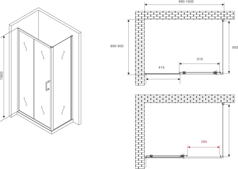 Душевой уголок Abber Schwarzer Diamant AG30100B5-S90B5 100x90, профиль черный, стекло прозрачное