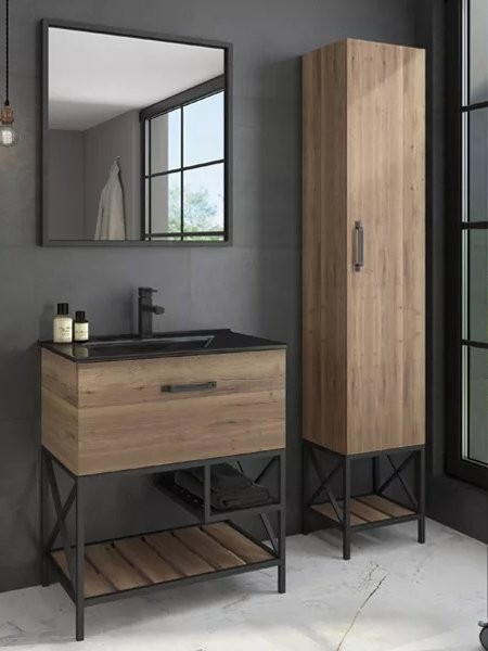 Мебель для ванной комнаты Comforty Бредфорд 75 напольная, темный дуб, с раковиной Comforty 75E черная матовая