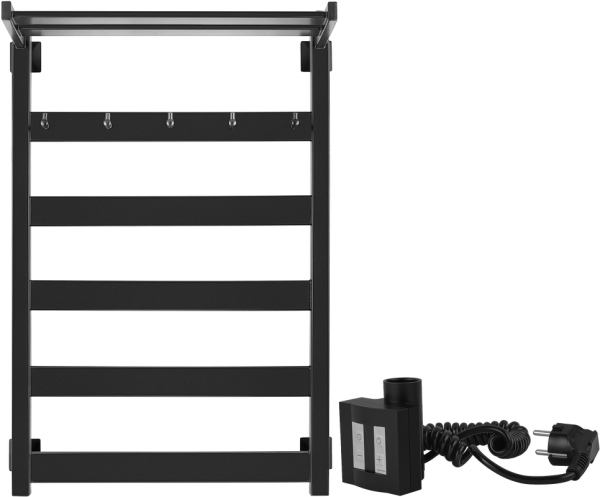 Полотенцесушитель электрический Secado Комано 1 КСП , 85x55 см, подключение справа, матовый черный, лесенка, с полкой