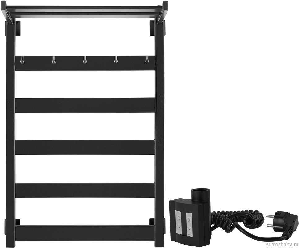Полотенцесушитель электрический Secado Комано 1 КСП , 85x55 см, подключение справа, матовый черный, лесенка, с полкой