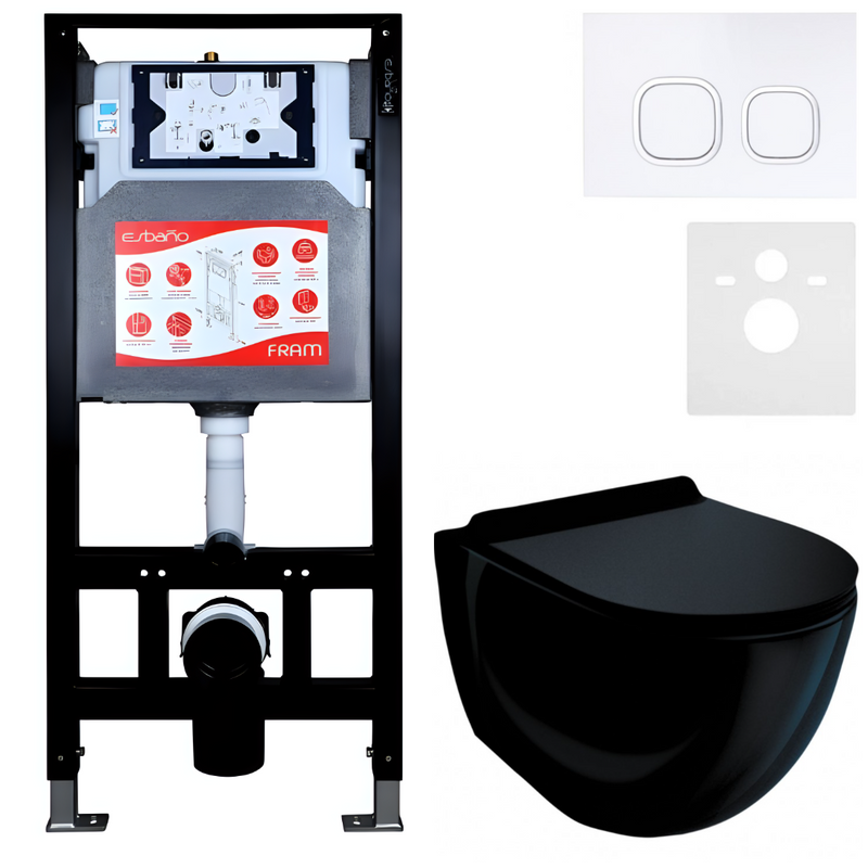 Комплект Унитаз подвесной Esbano Garcia ESUPGARCB черный глянец + Инсталляция Fram + Кнопка ESINLPS10GW