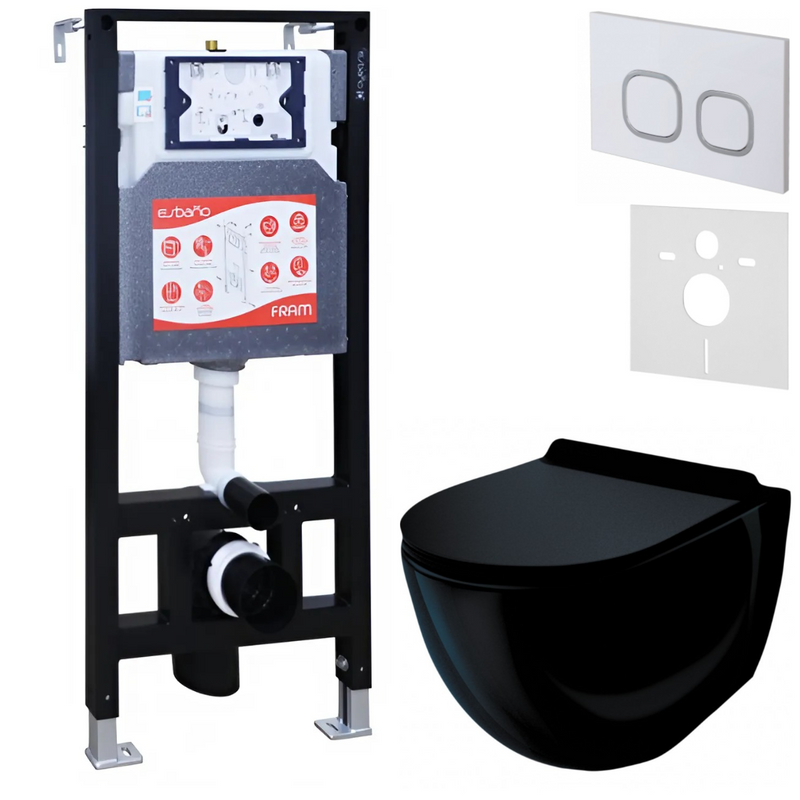 Комплект Унитаз подвесной Esbano Garcia ESUPGARCB черный глянец + Инсталляция Fram + Кнопка ESINLPS10GW