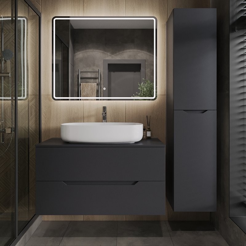 Мебель для ванной комнаты Orange Line 100 подвесная, 2 ящика, матовый графит с раковиной B07-675W