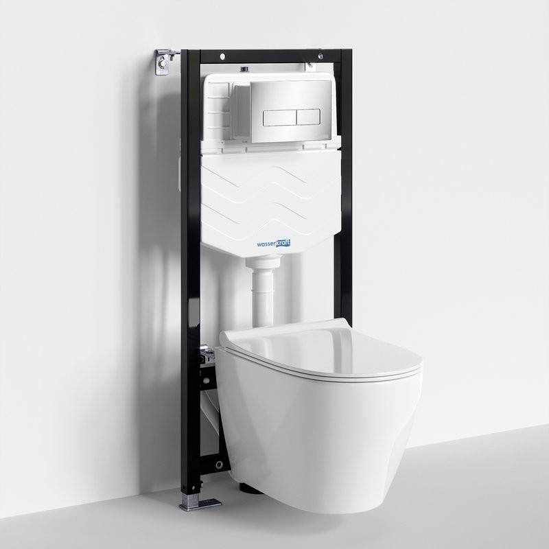 Комплект Унитаз подвесной WasserKRAFT Mindel H002 безободковый + Крышка для унитаза E034 + Система инсталляции для унитазов Aller 10TLT.010.ME + Кнопка смыва CH03