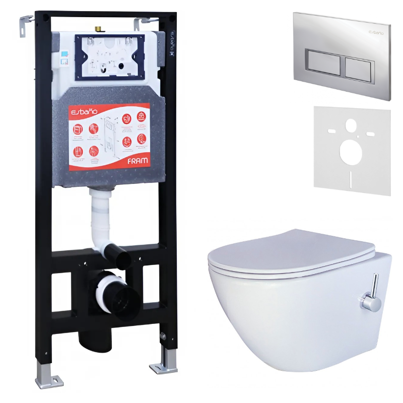 Комплект 3 в 1 Унитаз подвесной Esbano ESWBTERUWN + Инсталляция Fram + Кнопка ESINPRK12SC цвет глянцевый хром