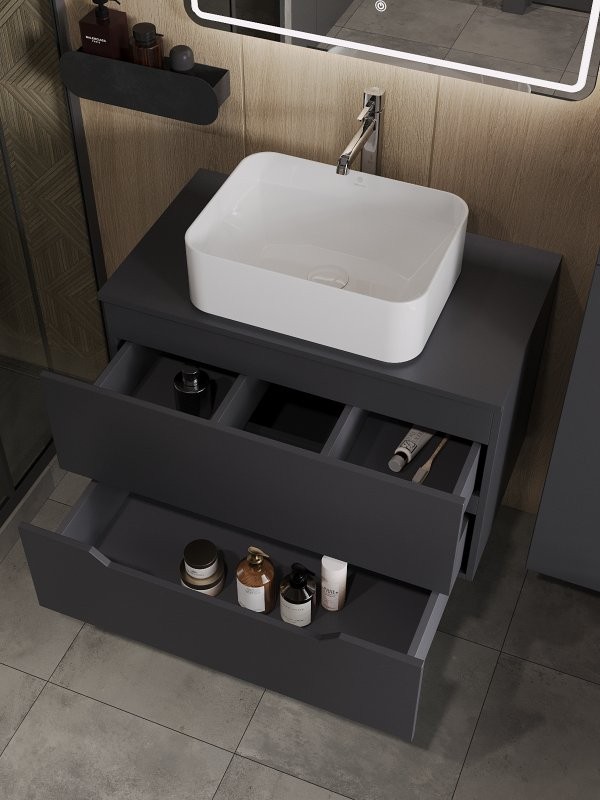 Тумба с раковиной Orange Line 80 подвесная, 2 ящика, матовый графит с раковиной B02-460W