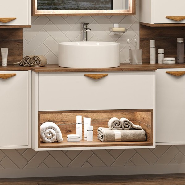 Тумба с раковиной Brevita Bergen 80 подвесная, с подсветкой, дуб галифакс олово, белый