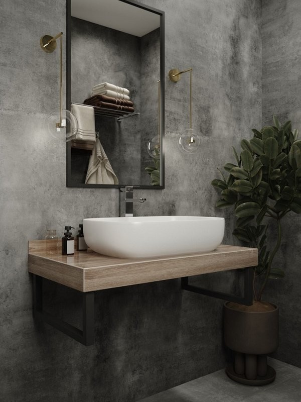 Столешница с раковиной Teymi Helmi 90 дуб кашмир, раковина Solli 61,  с черными кронштейнами