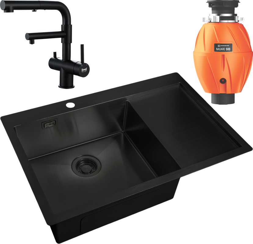 Комплект Мойка Zorg Light R 780510-L Grafit + Смеситель Sanitary SZR-3216 Grafit графит + Измельчитель Omoikiri Nagare 500