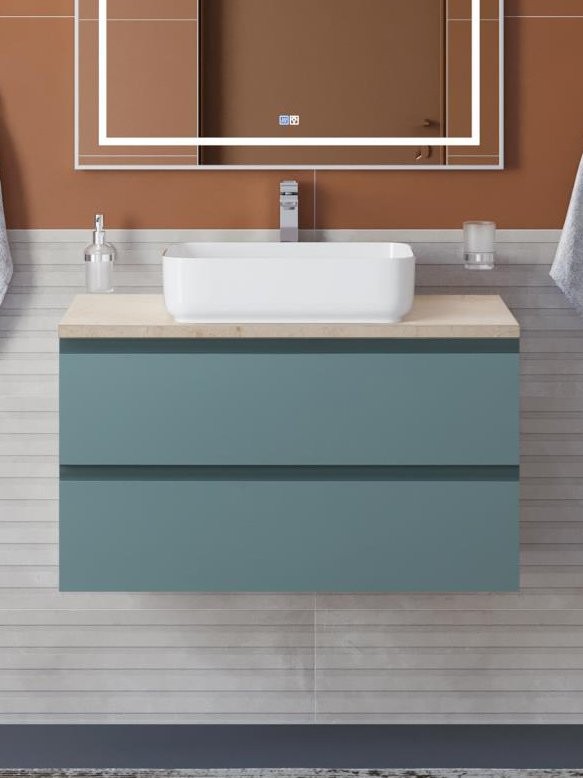 Тумба с раковиной BelBagno Kraft 90 подвесная, матовая голубая, столешница kep-90-mco, раковина BB1304