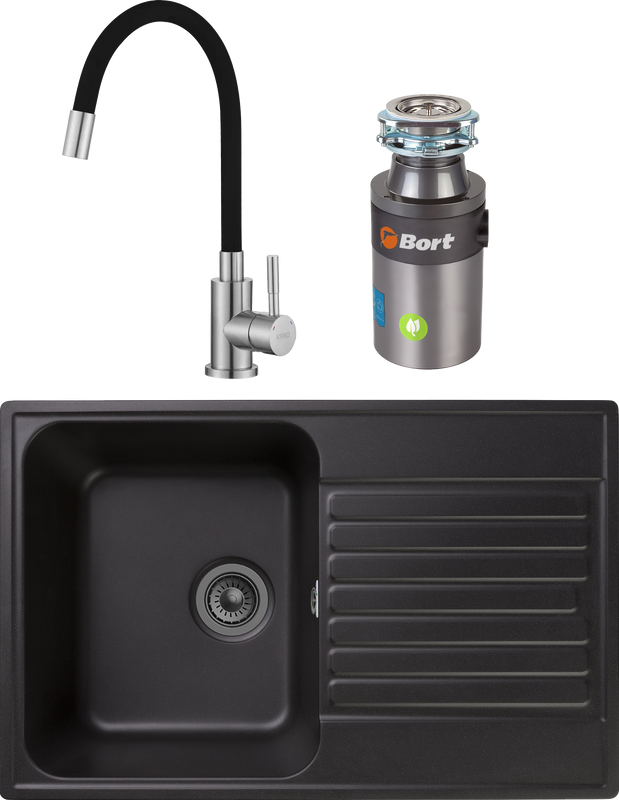 Комплект Мойка GranFest Quarz Z78 черный + Смеситель ESKO Snake K44 B хром, черный, с гибким изливом + Измельчитель Bort Titan 4000 Plus